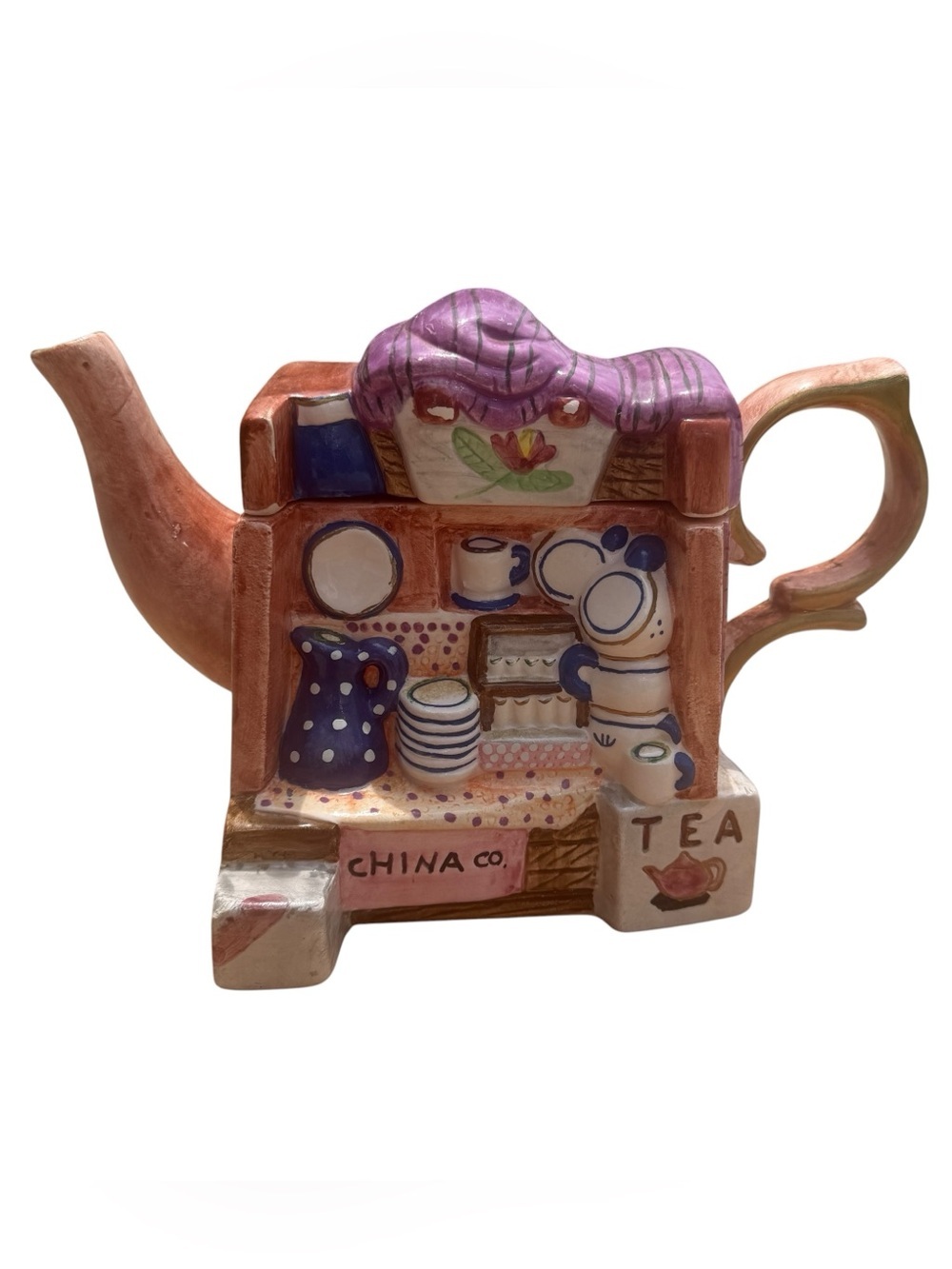 Vintage Mackin China Shop Figural Teapot Ceramic Tea Store Cottagecore Rare HTF